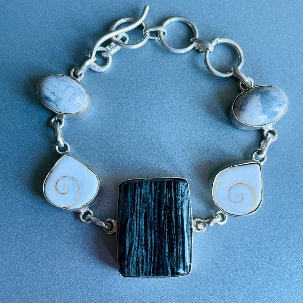 Zebra Jasper, Shiva Eye Shell, Gray Jasper Sterling Silver Toggle Bracel…